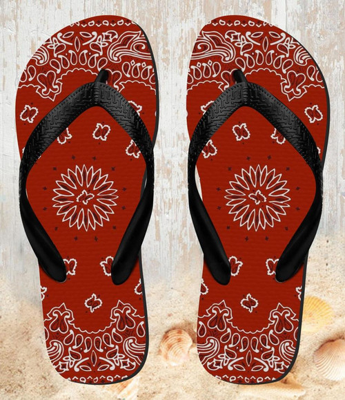 FA0526 Bandana Red Pattern Beach Slippers Sandals Flip Flops Unisex