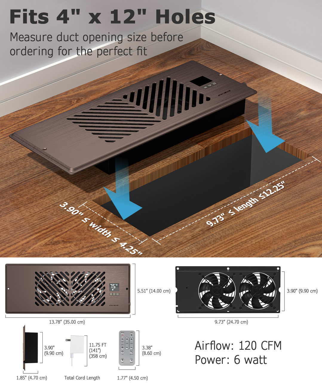 ATOM NEXUS AirBlaze Z4, Quiet Register Booster Fan with Thermostat