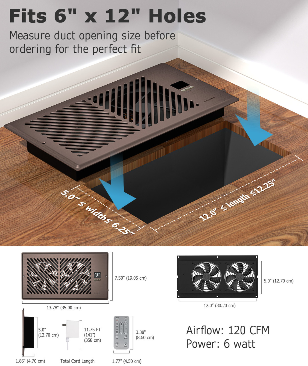 ATOM NEXUS AirBlaze Z6, Quiet Register Booster Fan with Thermostat