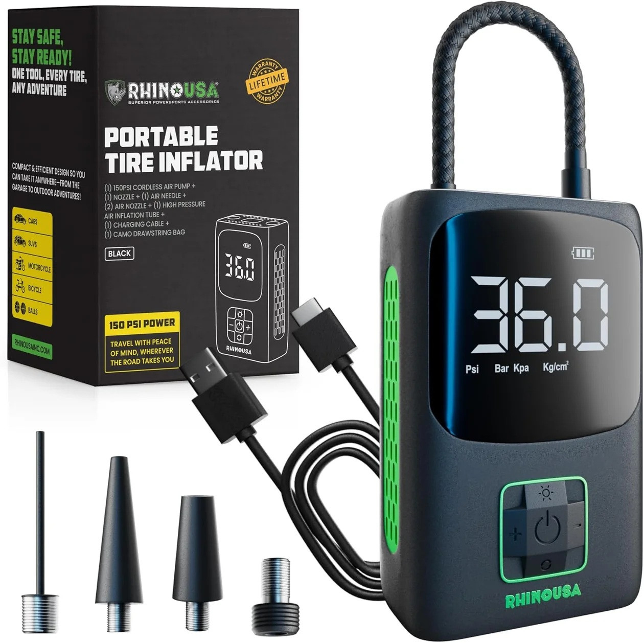 Rhino USA Portable Tire Inflator - Black