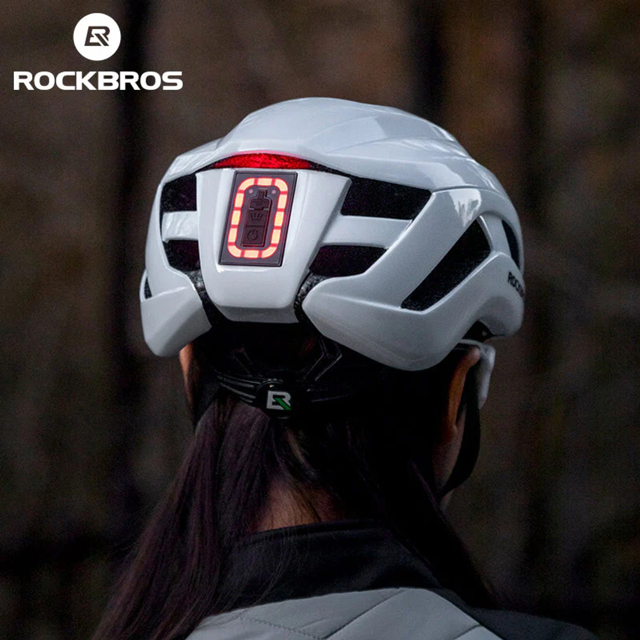 ROCKBROS Safety Warning Helmet with Built-In Lights and Adjustable Fit - White