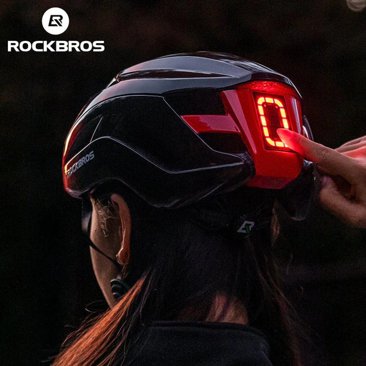 ROCKBROS Safety Warning Helmet with Built-In Lights and Adjustable Fit - Black