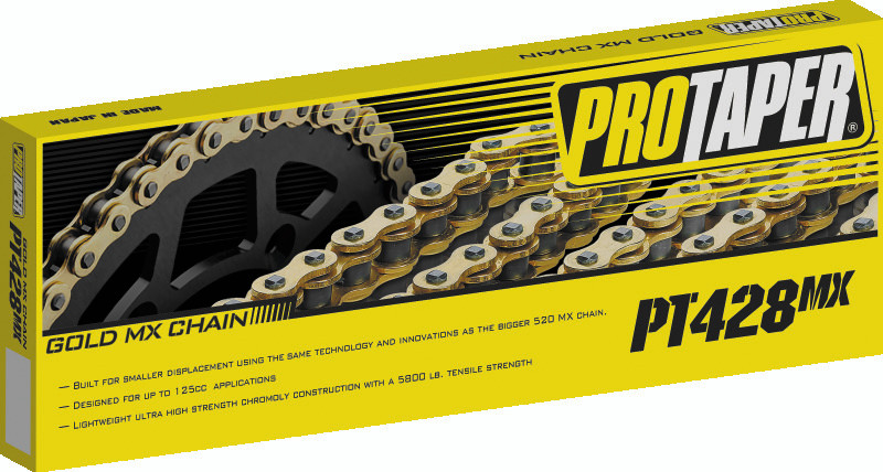 Premium gold series motocross chain. Built for smaller displacement motorcycles, the ProTaper PT428MX uses all the same technology and innovations as the bigger 520 MX chain.