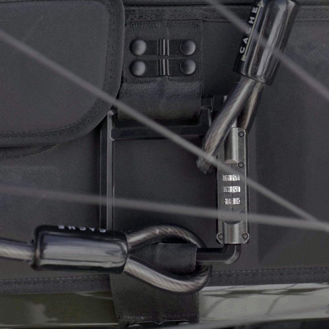 The Cache Anchor Lock was designed with security in mind. The Anchor is built upon 10MM of steel wire beaded cables and sandwiched between neoprene casing to give you a thick and sturdy lock that will deter thieves and keep your valuables locked to your Basecamp Pad.