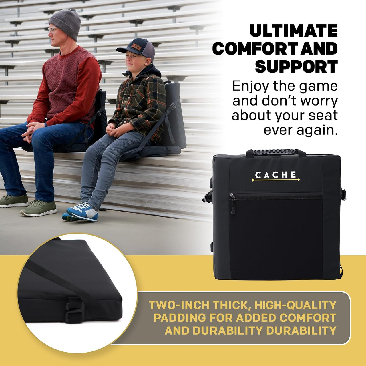 Say goodbye to uncomfortable stadium seats! The Cache Lounger combines lightweight portability, lasting comfort, and convenient built-in storage to upgrade your game-day experience.