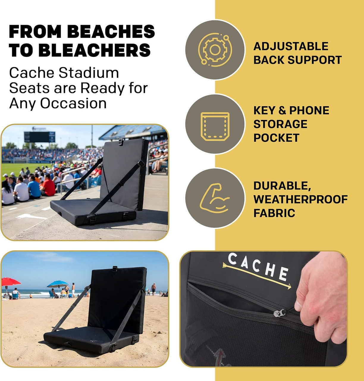 Say goodbye to uncomfortable stadium seats! The Cache Lounger combines lightweight portability, lasting comfort, and convenient built-in storage to upgrade your game-day experience.
