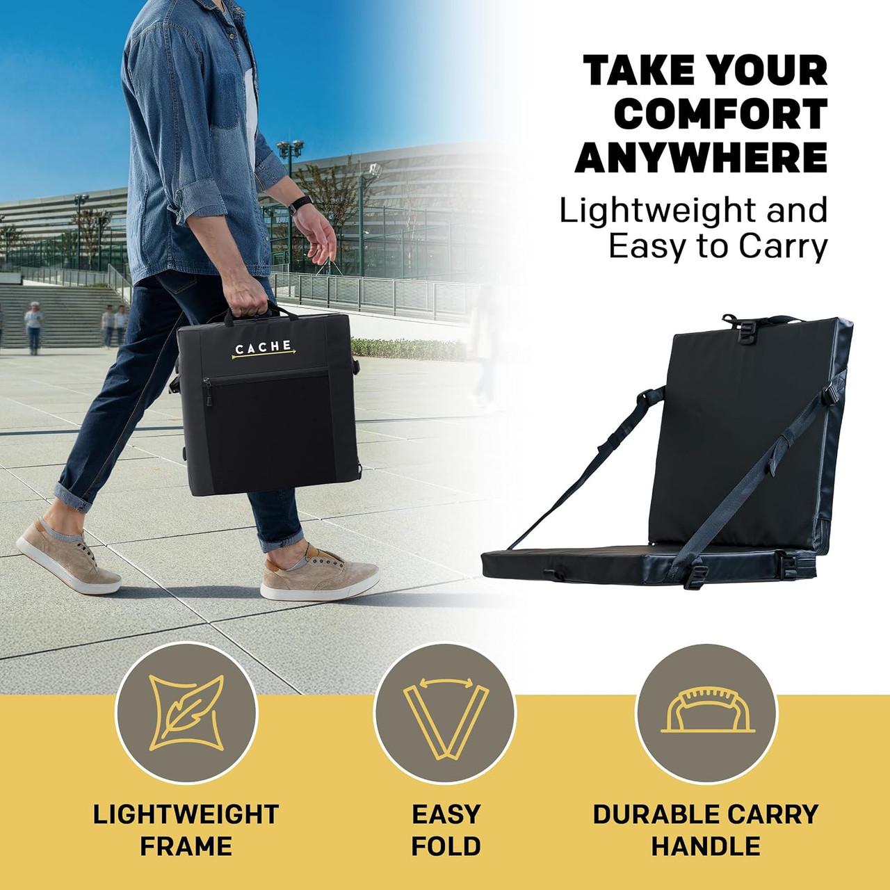 Say goodbye to uncomfortable stadium seats! The Cache Lounger combines lightweight portability, lasting comfort, and convenient built-in storage to upgrade your game-day experience.