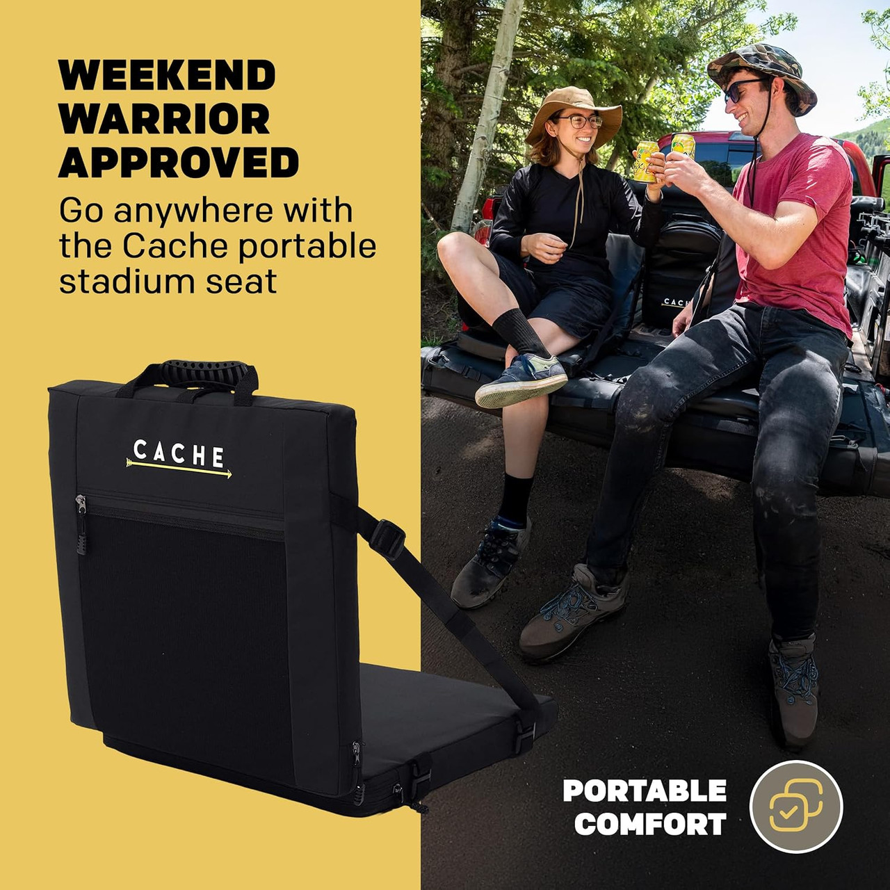 Say goodbye to uncomfortable stadium seats! The Cache Lounger combines lightweight portability, lasting comfort, and convenient built-in storage to upgrade your game-day experience.