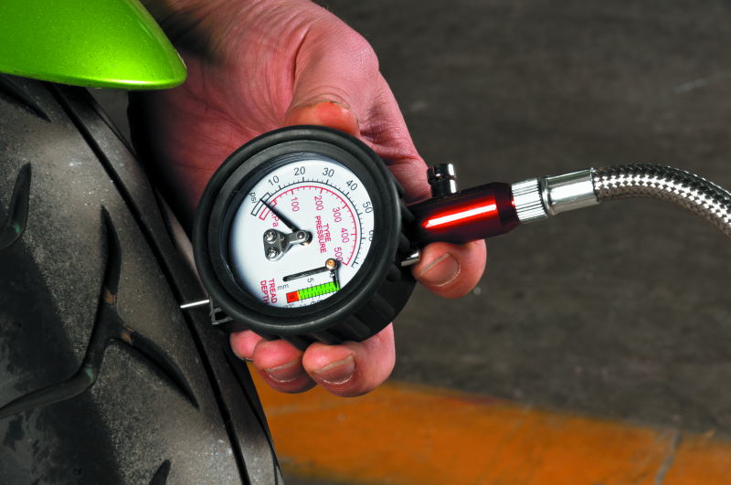 The 2-in-1 Tire Gauge from BikeMaster® will accurately measure your tire pressure to 60 psi, as well as measure wear across your tires.