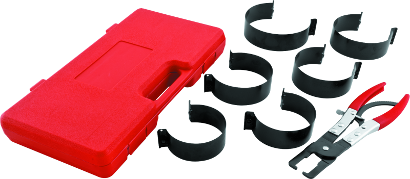 BikeMaster Piston Ring Compressor Set Packed in a heavy-duty carrying case, the kit comes with locking band pliers with textured non-slip grip and six bands for pistons ranging from 2-7/8 to 4-3/8 in., 73 to 111 mm. T