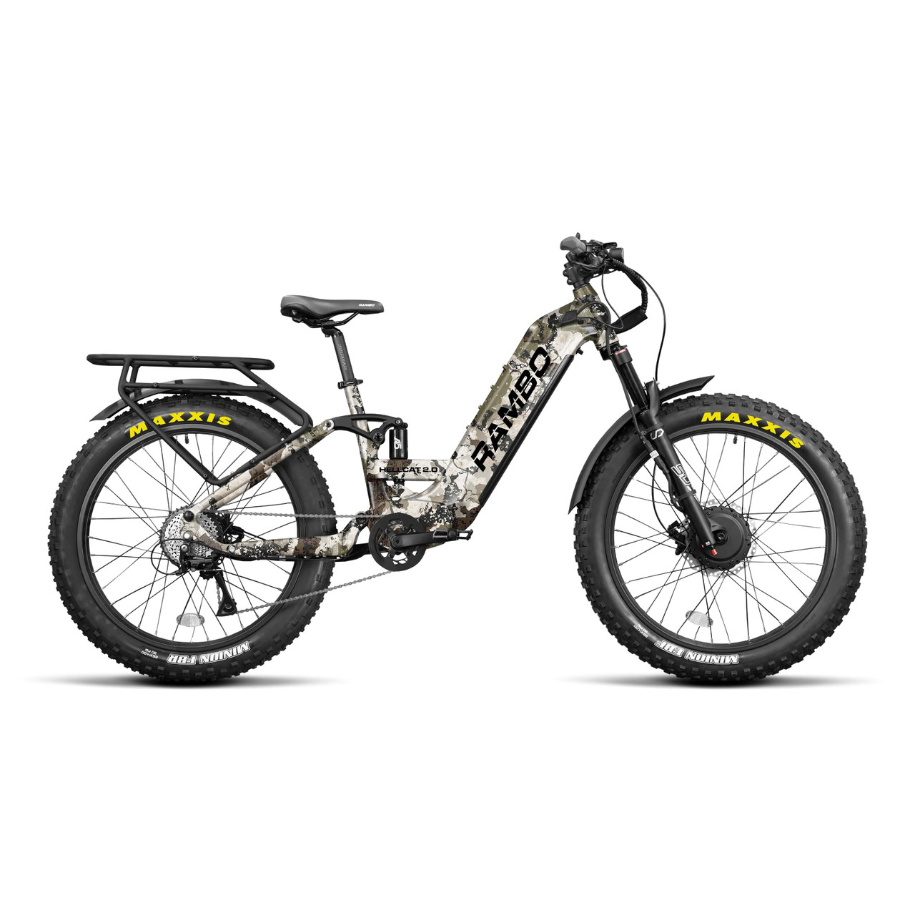 Rambo's only AWD full-suspension hunting ebike. The Hellcat 2.0 FS combines dual-motor traction with a full-suspension frame that absorbs trail punishment without slowing you down. LED light bar standard. Available in 20Ah or 30Ah battery. Built for hunters who demand maximum capability across the most demanding terrain they ride.