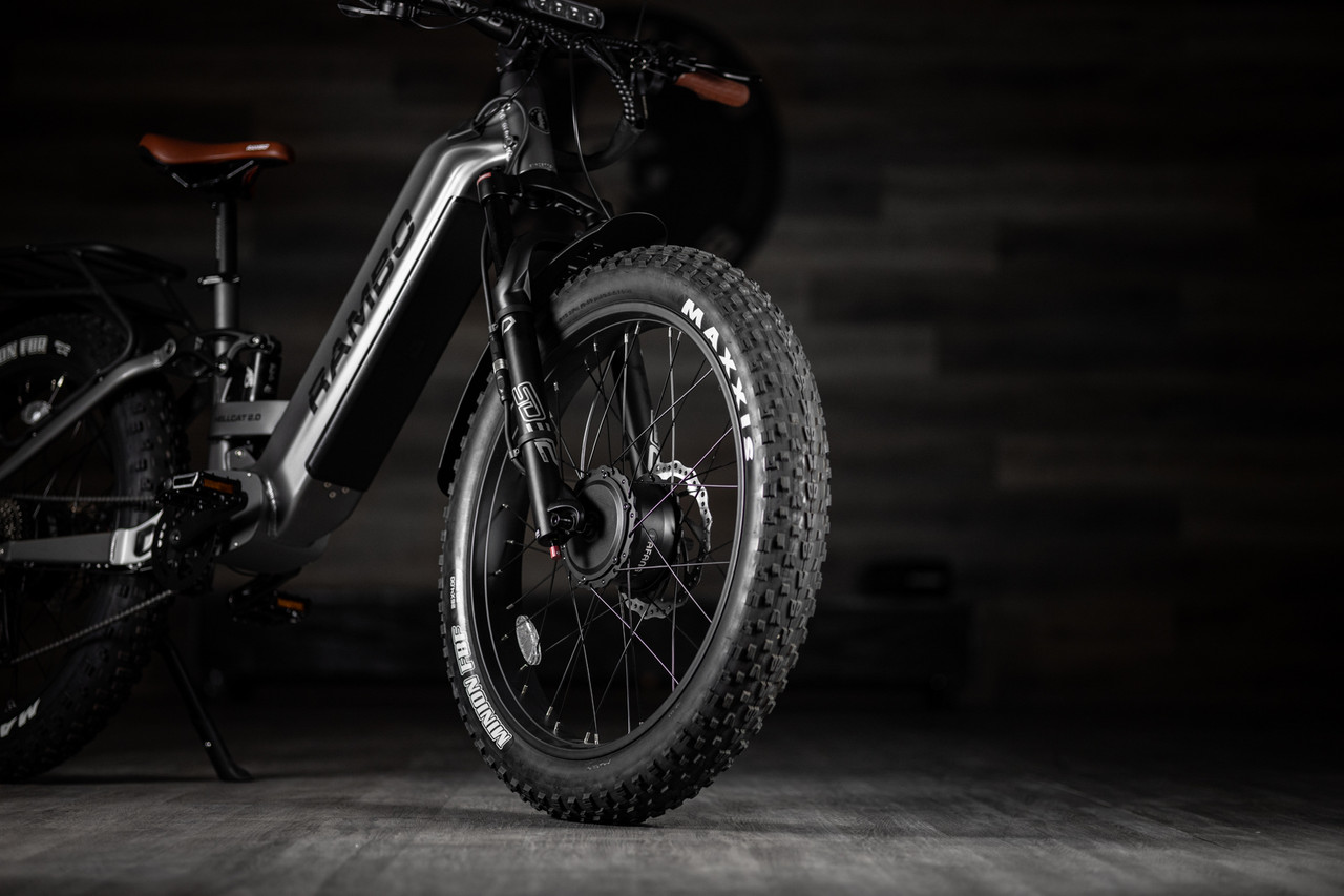 Rambo's only AWD full-suspension hunting ebike. The Hellcat 2.0 FS combines dual-motor traction with a full-suspension frame that absorbs trail punishment without slowing you down. LED light bar standard. Available in 20Ah or 30Ah battery. Built for hunters who demand maximum capability across the most demanding terrain they ride.