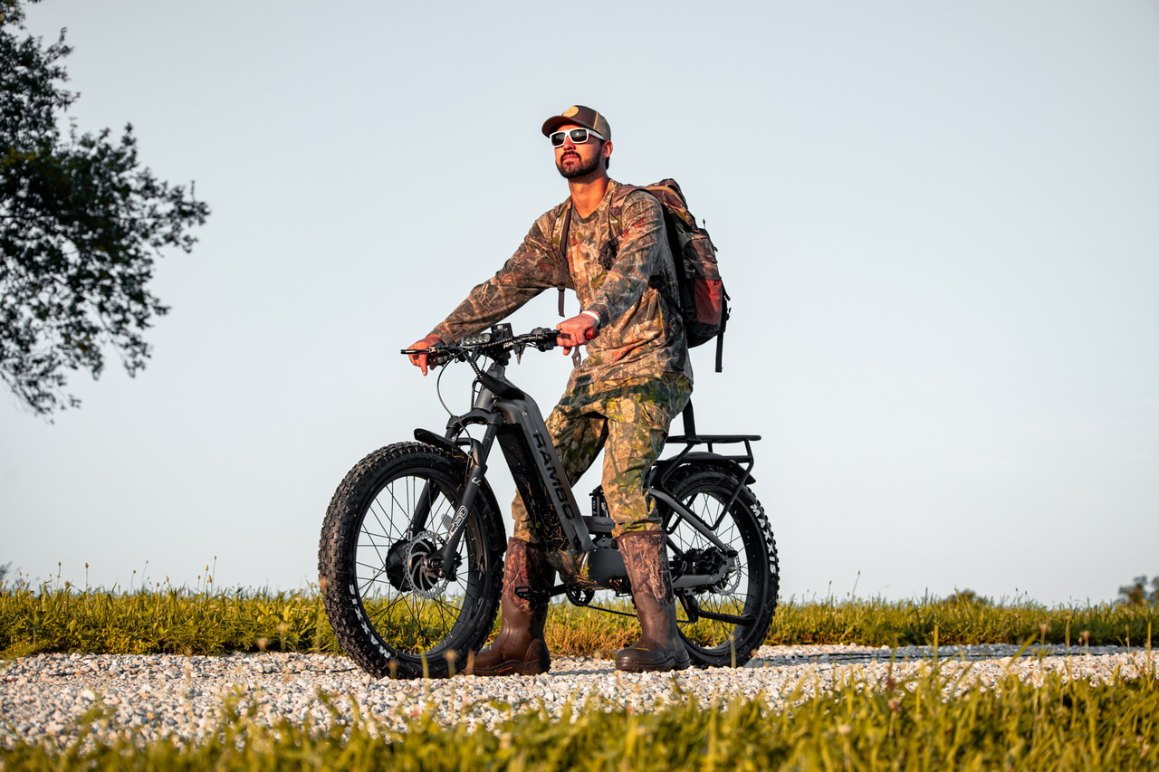 Rambo's only AWD full-suspension hunting ebike. The Hellcat 2.0 FS combines dual-motor traction with a full-suspension frame that absorbs trail punishment without slowing you down. LED light bar standard. Available in 20Ah or 30Ah battery. Built for hunters who demand maximum capability across the most demanding terrain they ride.