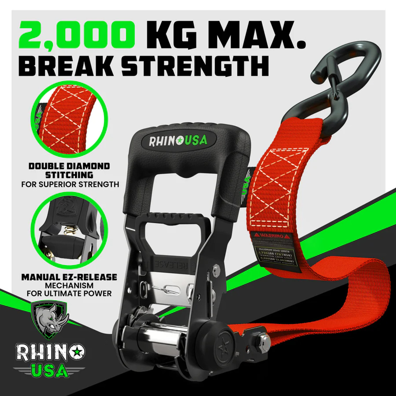 Rhino Heavy Duty Ratchet Tie-Down - Red - 1.6 in. X 15 ft  (4-Pack)