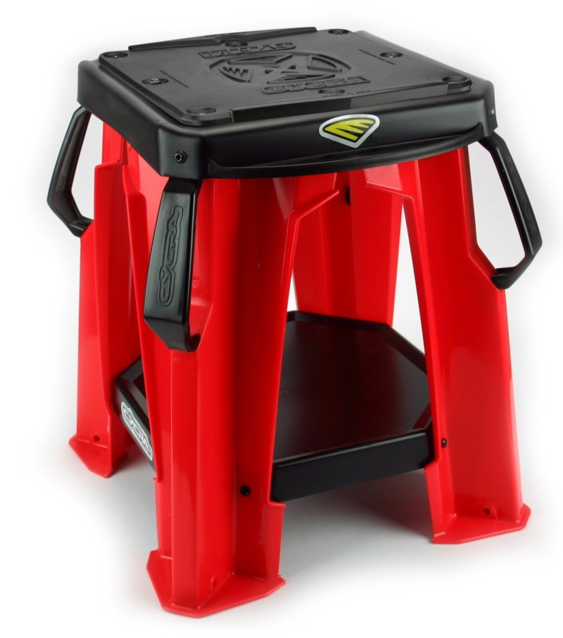 This Cycra Moto Stand has an extra large 12" x 12" molded rubber top with built-in Wide Guide edges and a large easy-access built-in tool tray.