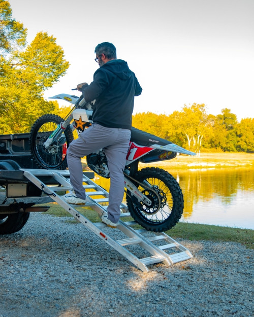 The BikeMaster Stair Ramp makes motorcycle loading safe and easy. Crafted from lightweight aluminum, it supports up to 500 lbs. and is simple to carry and set up.