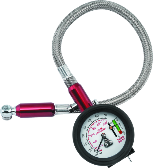 The 2-in-1 Tire Gauge from BikeMaster® will accurately measure your tire pressure to 60 psi, as well as measure wear across your tires.