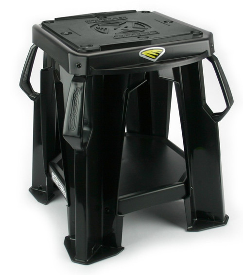 This Cycra Moto Stand has an extra large 12" x 12" molded rubber top with built-in Wide Guide edges and a large easy-access built-in tool tray.