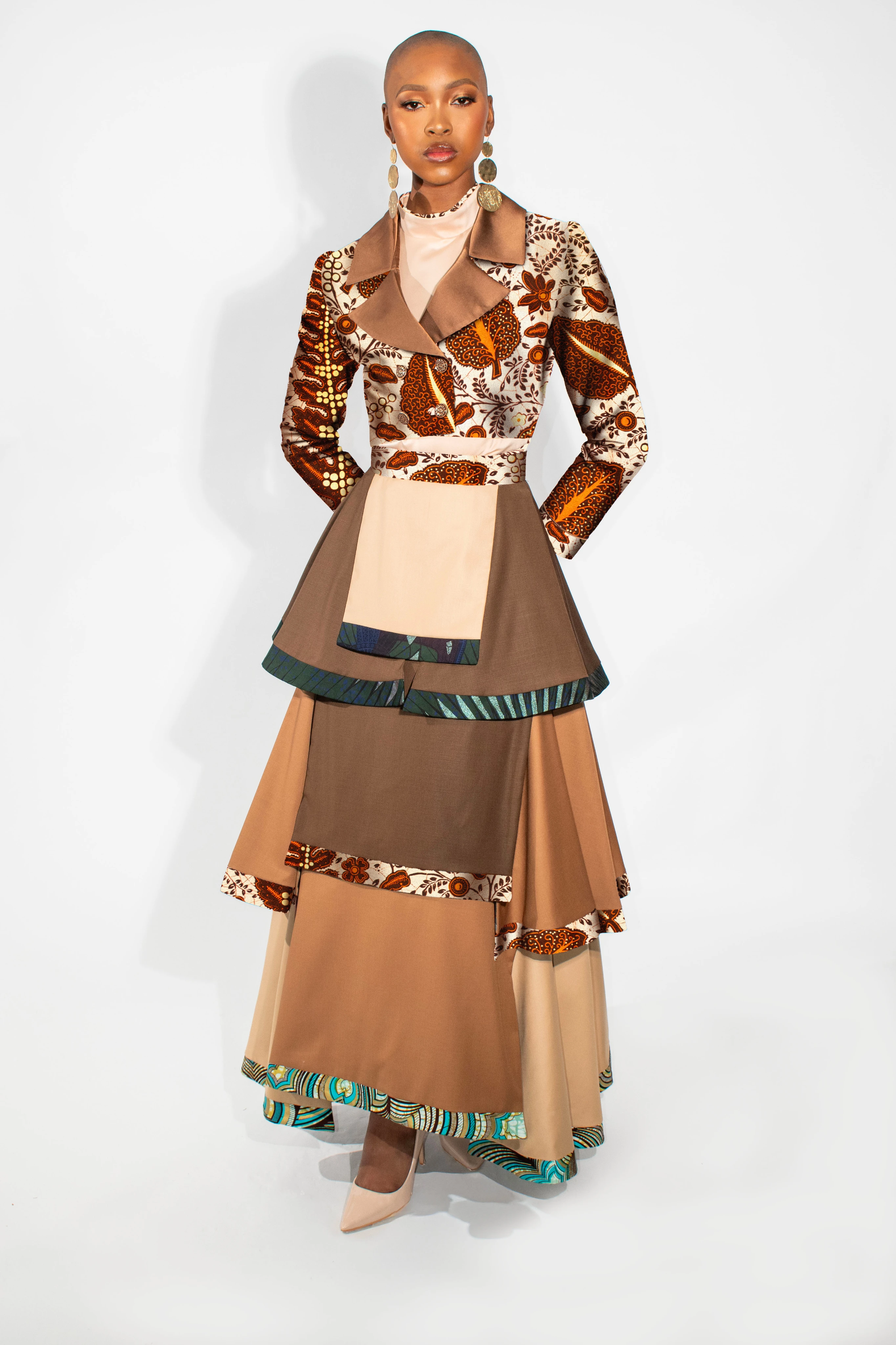 Model wearing a Laud Pulse printed multi-tier gown