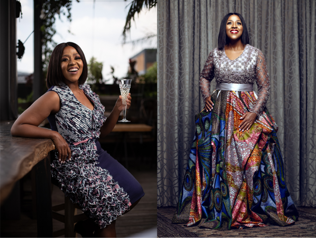 Woman in printed dress smiling outdoors alongside woman in embellished evening gown