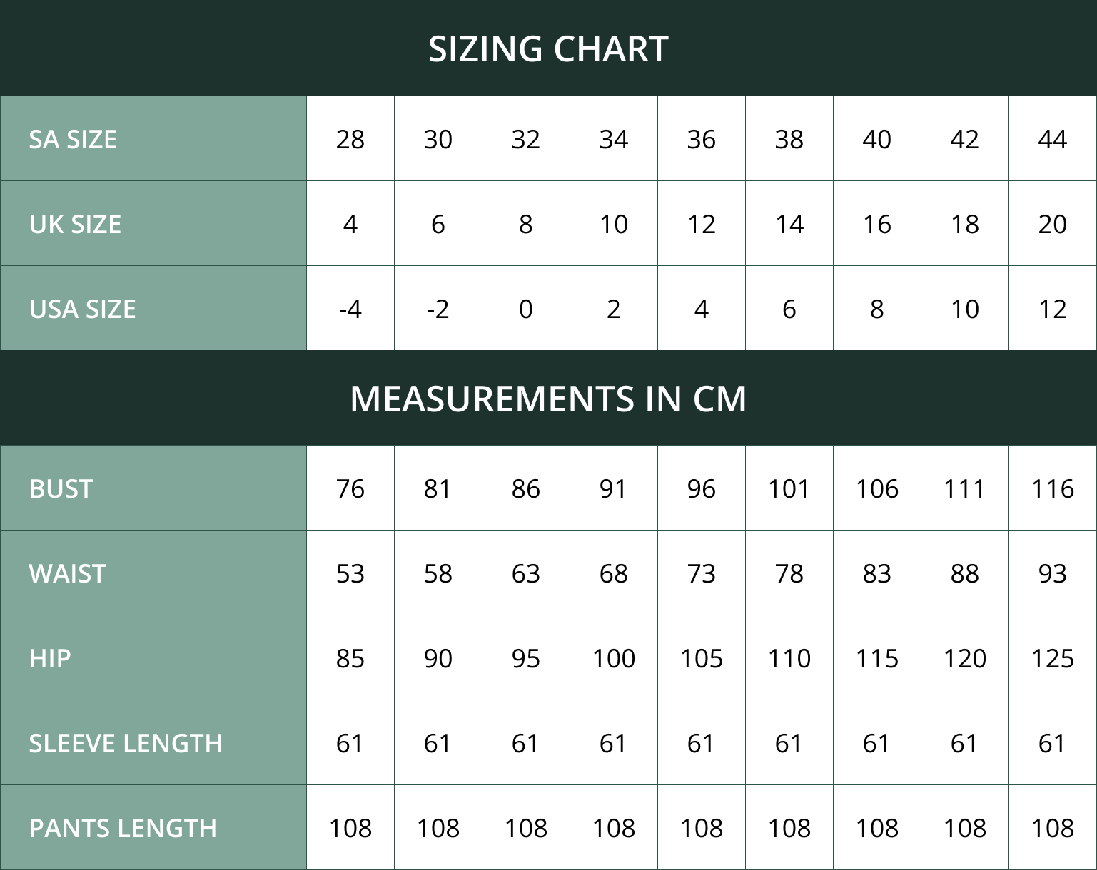 Sizing Chart in cm for bust, waist, hip, sleeve length and pant length