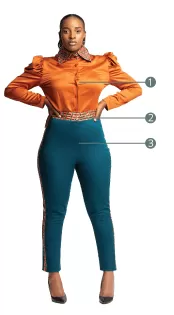 Size chart showing bust, waist, hip measurements in cm/inches