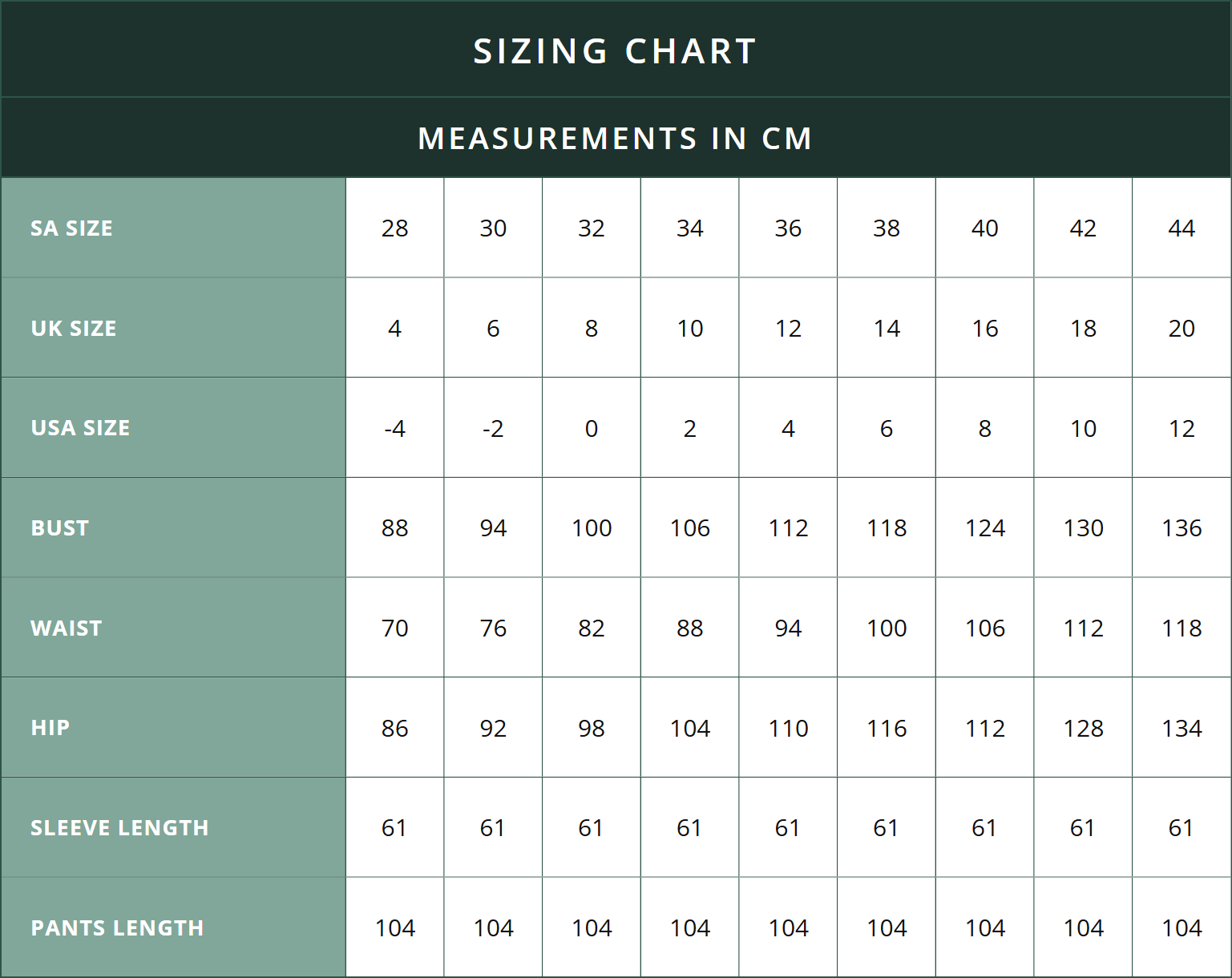 Sizing Chart in cm for bust, waist, hip, sleeve length and pant length