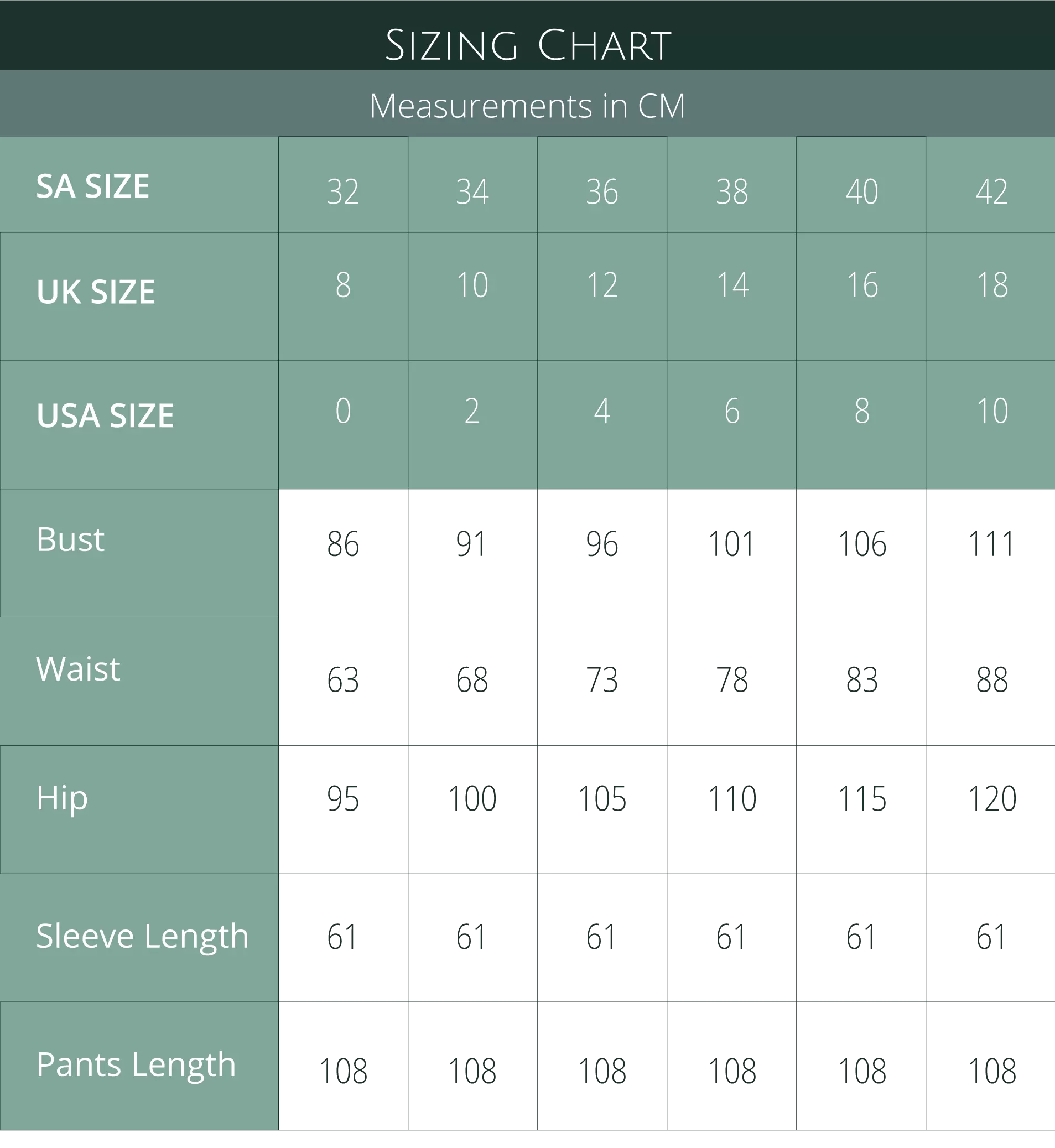 Sizing Chart in cm for bust, waist, hip, sleeve length and pant length