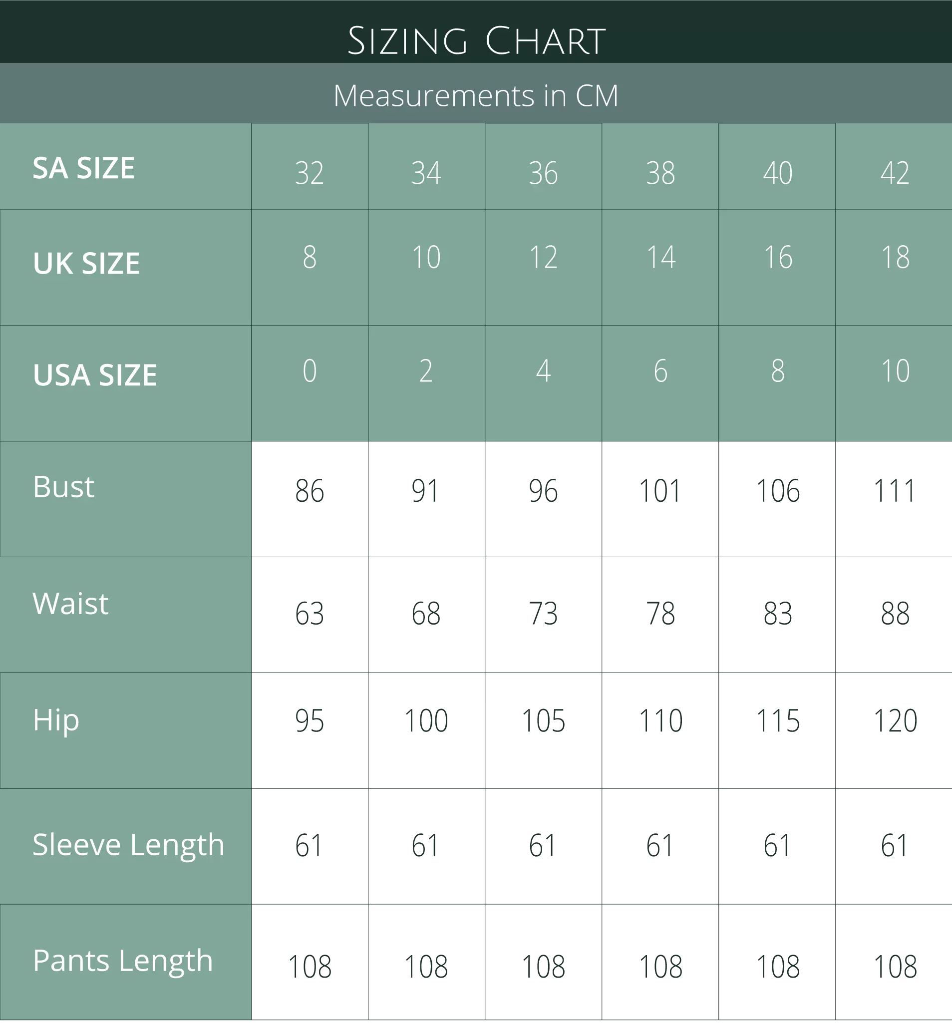Sizing Chart in cm for bust, waist, hip, sleeve length and pant length