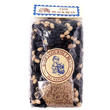 clear plastic bag containing dried black beans and spices with a round tan label