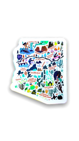 Sticker in the shape of Arizona with icons for popular Arizona sites such as Lake Havasu, the Grand Canyon, Saguaro National Park and more