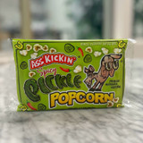 a rectangular package that is lime green in color, with the product title "Ass Kickin' Chile Lime Popcorn" across the front. images of popped popcorn, red chilis, round pickle chips, and a bucking donkey are surrounding the product title