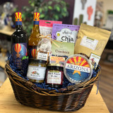 dark wicker oval basket displaying basket contents