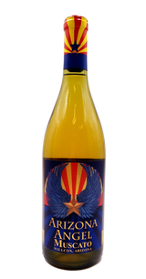 Golden wine bottle with front label in Arizona colors of blue, red and copper incorporating the Arizona flag.