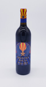Wine bottle with front label in Arizona colors of blue, red and copper incorporating the Arizona flag.