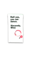 white dishtowel with black lettering and red wine glass stain