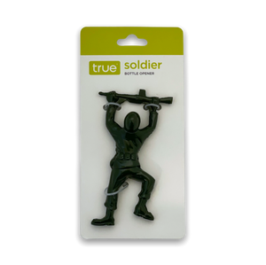 Green army man holding rifle above his head