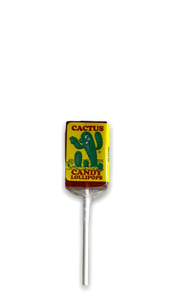 red hard candy lollypop wrapped in clear plastic with a yellow label with image of a cactus