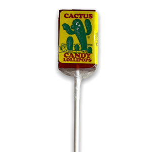 red hard candy lollypop wrapped in clear plastic with a yellow label with image of a cactus