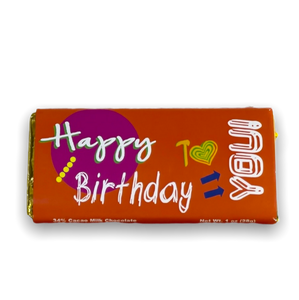 rectangular chocolate bar with an orange wrapper reading "Happy Birthday to You"