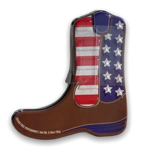 Brown cowboy boot shaped tin with red, white, and blue of the American flag.