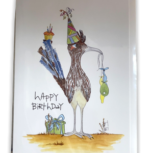 Front of white card with "Happy Birthday" with a cartoon roadrunner.