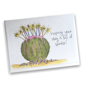 Front of white card with "Happy Birthday" on a green cactus
