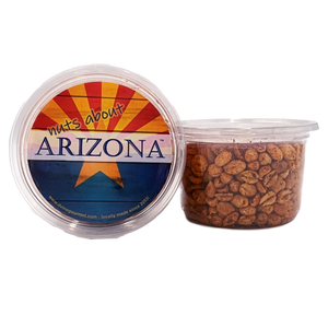 Round plastic container with Arizona flag label containing peanuts.