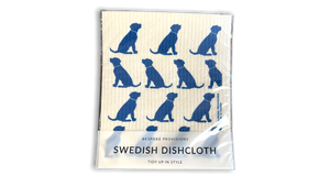White dishcloth with images of dogs in blue
