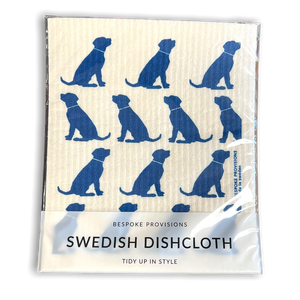 White dishcloth with images of dogs in blue