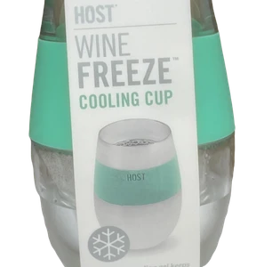 Clear plastic and teal stemless wine cup with white cardboard wrap