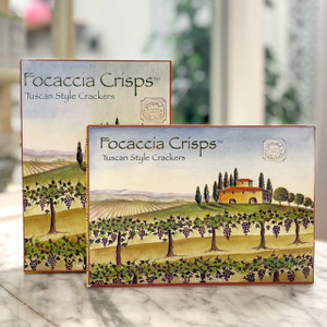 Rectangular box with image of italian vineyard and black lettering