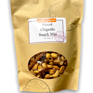 Brown zippered food bag with window containing snack mix.