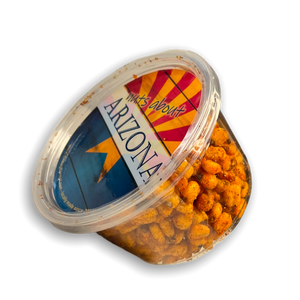 Round plastic tub with Arizona flag label containing corn nuts.